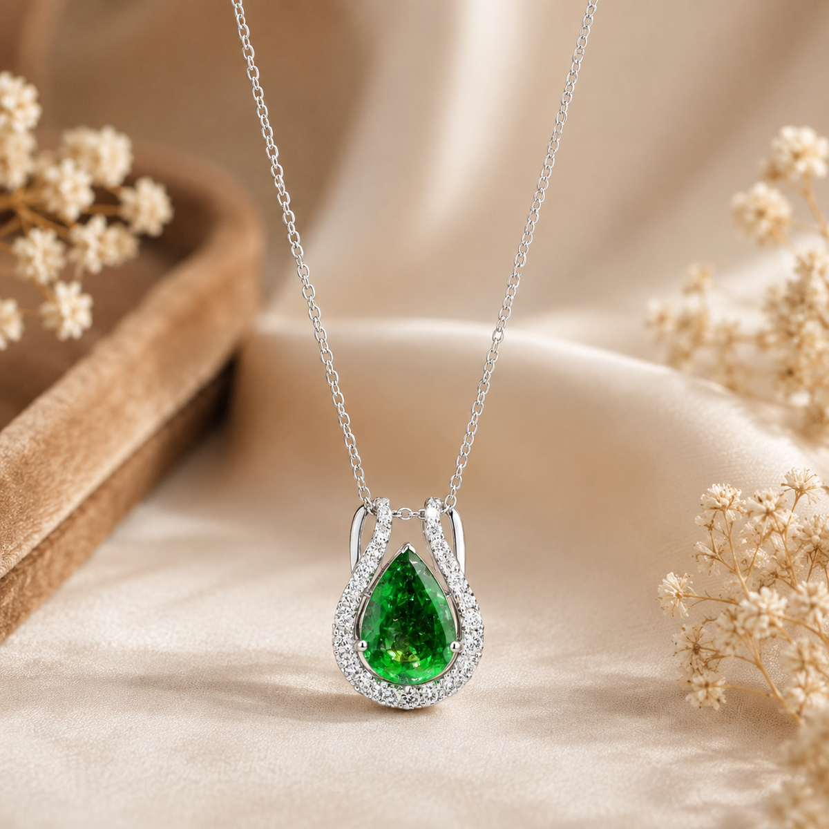 Emerald Teardrop Halo Necklace